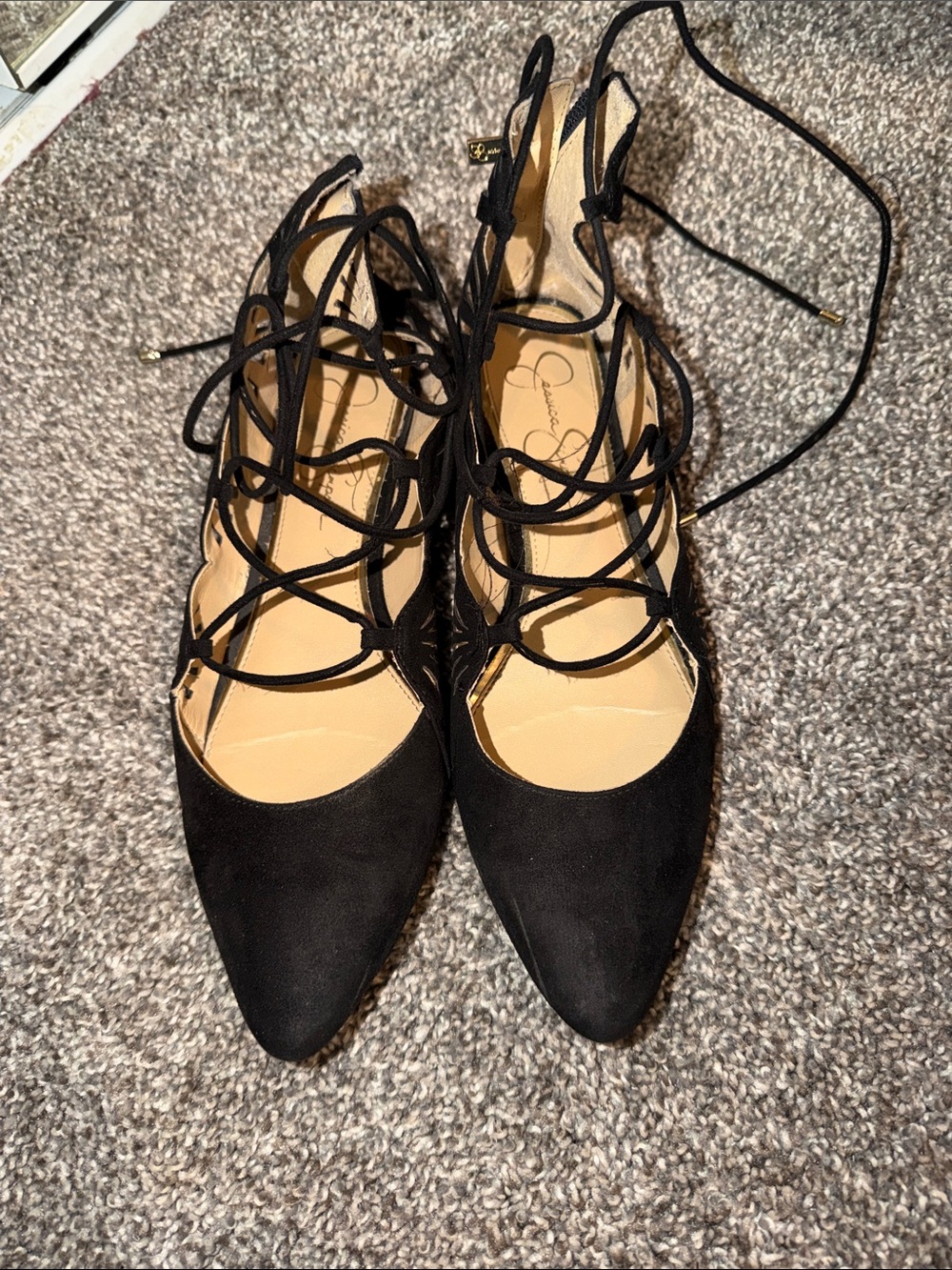 Jessica Simpson Black Lace-Up Pointed Toe Flats with Ankle Ties